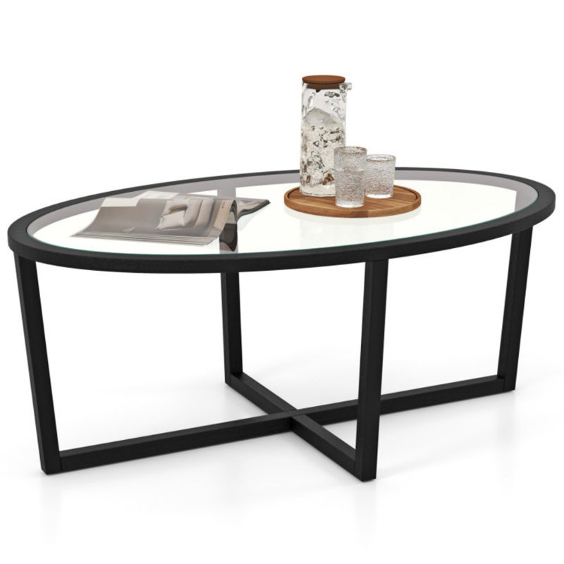 Glass Coffee Table Oval Living Room Table with Cross Base and Acacia Wood Legs