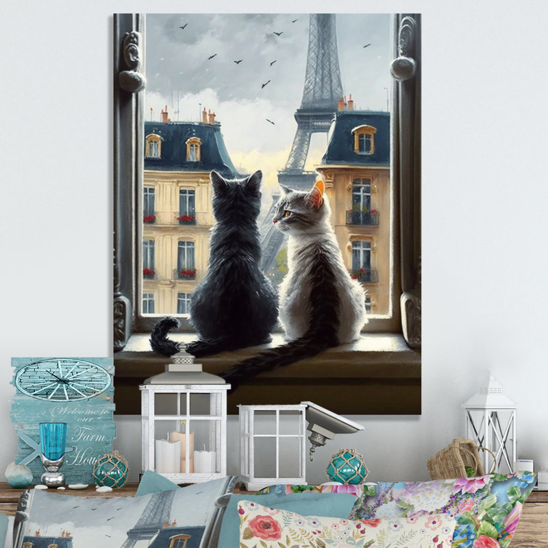 Deux chats à Paris I - reproduction sur toile, H 20 po x l 12 po x P 1 po, Toile tendue