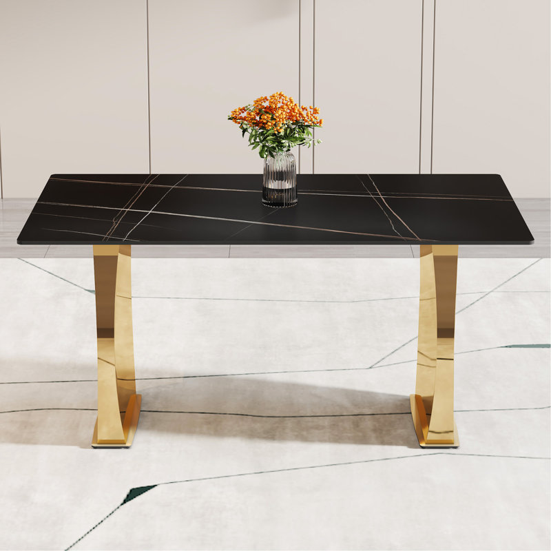 Modern Rectangular Table With 0.4 Inch Black Patterned Tabletop And Gold Legs