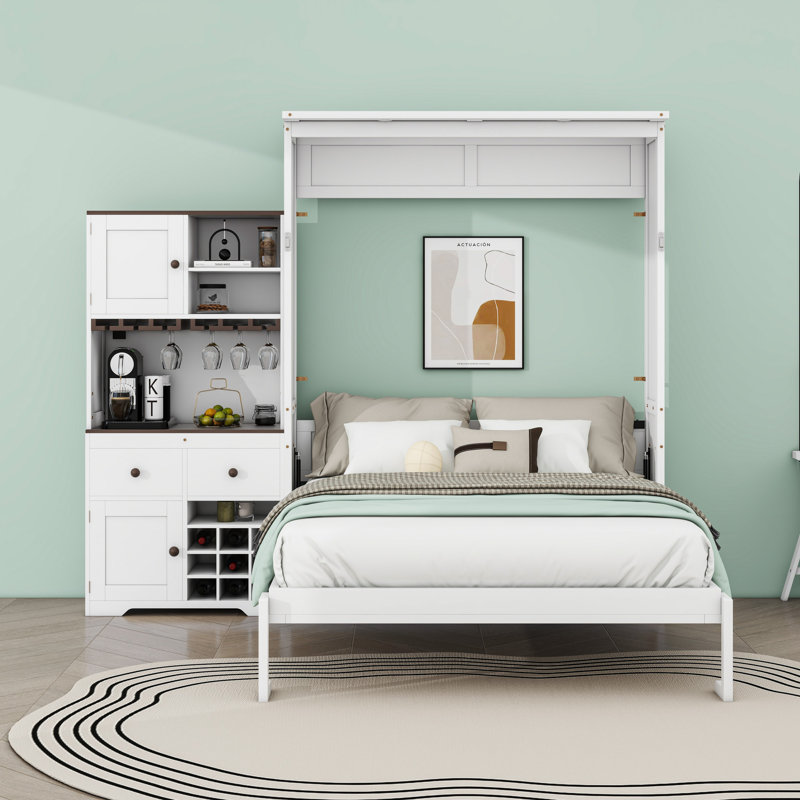 Queen Three Drawers Wooden Murphy Bed with LED Light, Wine Rack and Storage Cabinet, White