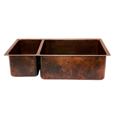 33" Hammered Copper Kitchen 25/75 Double Basin Sink with Matching Drains, and Accessories