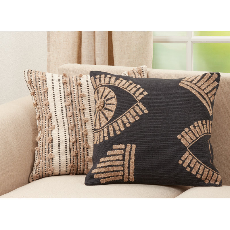 Medium Black Cotton Geometric Embroidered Throw Pillow