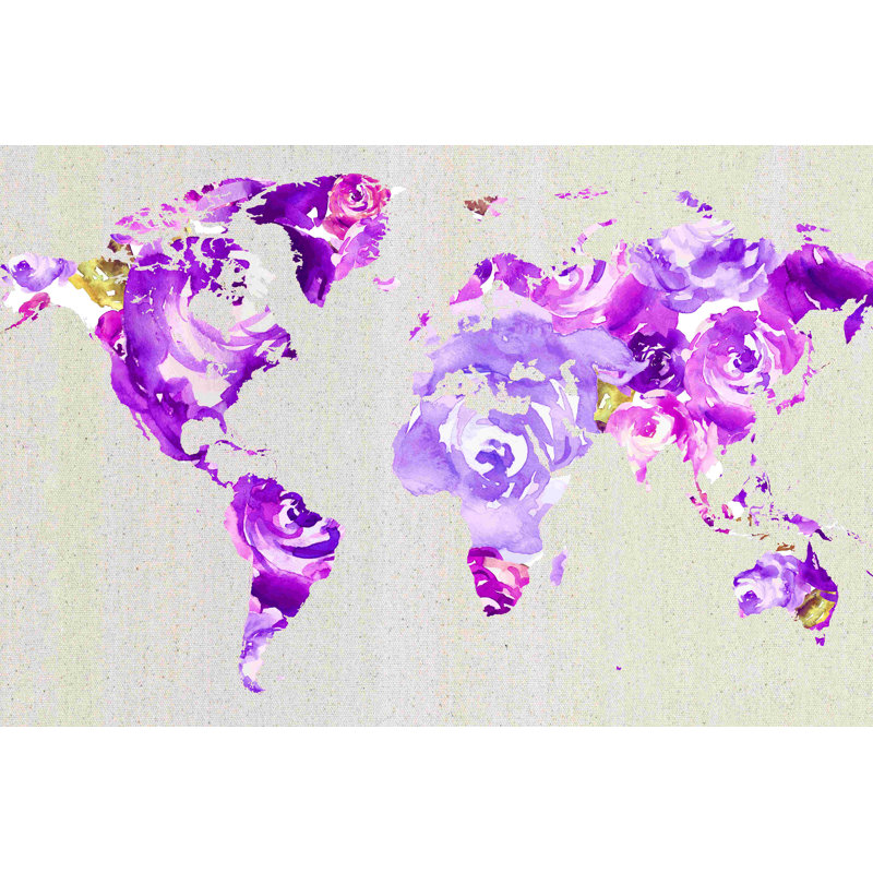 Purple Floral World Map - Wrapped Canvas Photograph, 20" H x 30" W  