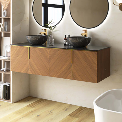 Meuble-lavabo mural en contreplaqué avec comptoir en pierre frittée noire et lavabo et portes ronds en céramique, couleur grain de bois chêne brun