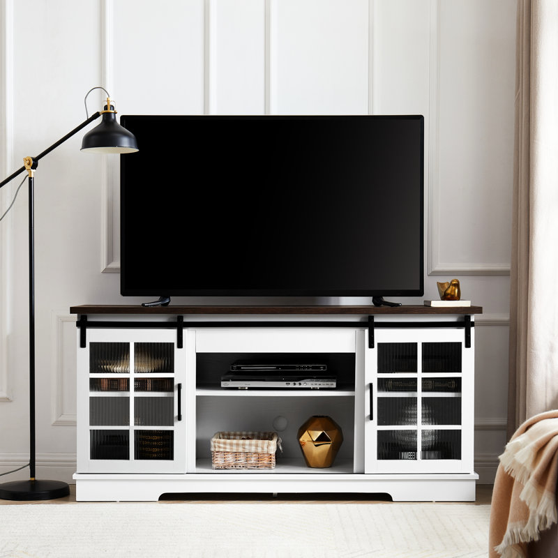 Console blanche et brune avec portes coulissantes et espace généreux pour les téléviseurs de 65 po