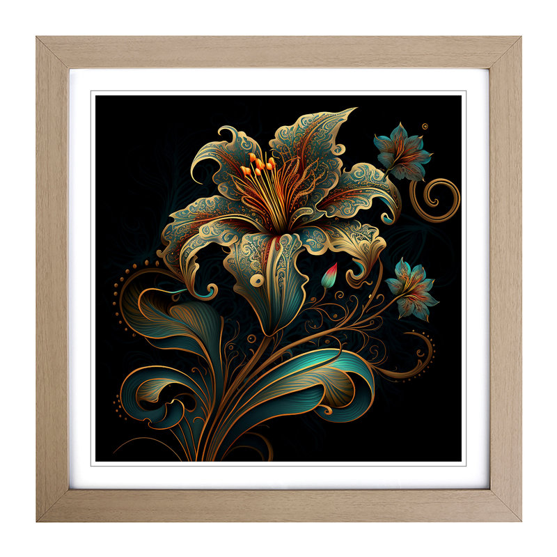 Lily Flower Paisley Art - Single Picture Frame Print on Wood, Oak