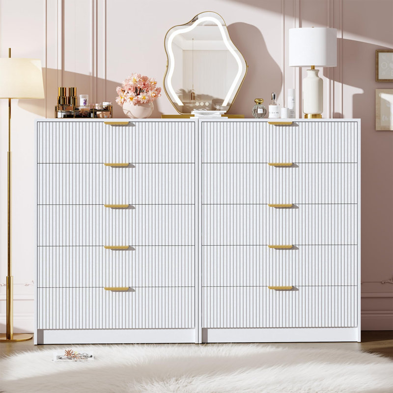 5 Drawer Dresser for Bedroom, Tall Vertical Fluted Chest of Drawers with Gold Metal Handles, White
