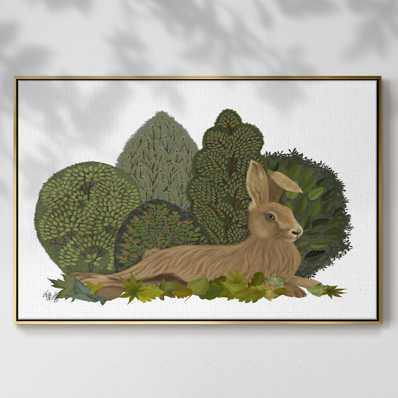 Hare couché sur des feuilles, reproduction sur toile, H 27 po x l 41 po x P 2 po, Toile avec cadre flottant or