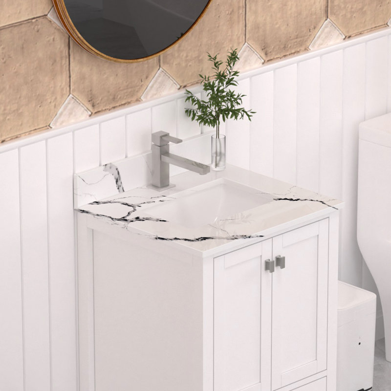 Plan de toilette en quartz blanc de 61 cm (24 po) avec lavabo encastré en céramique et dosseret., 24