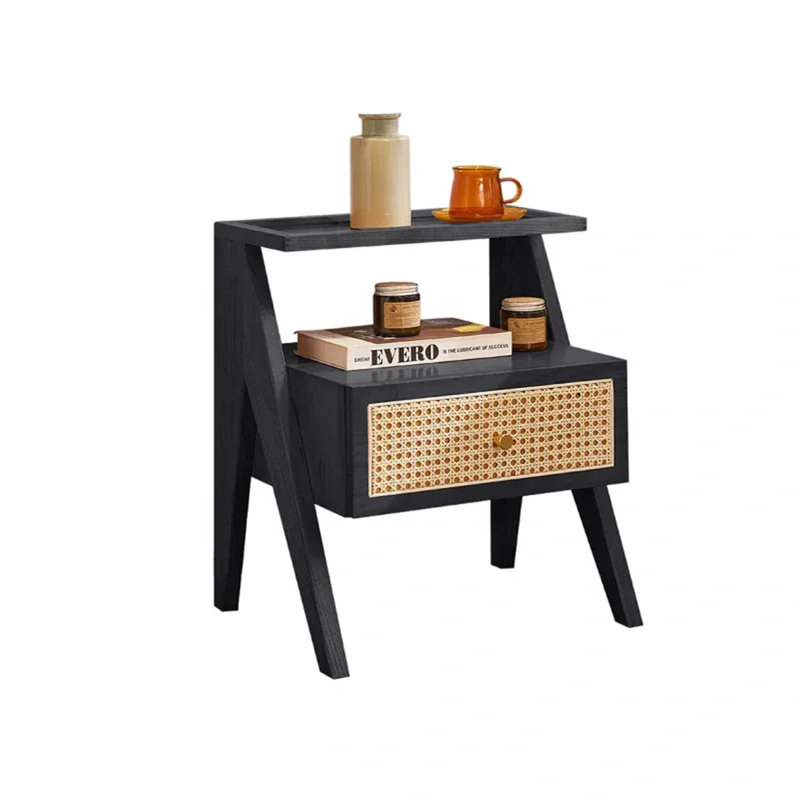 Mina Solid Wood & Rattan Bedside Cabinet, Black