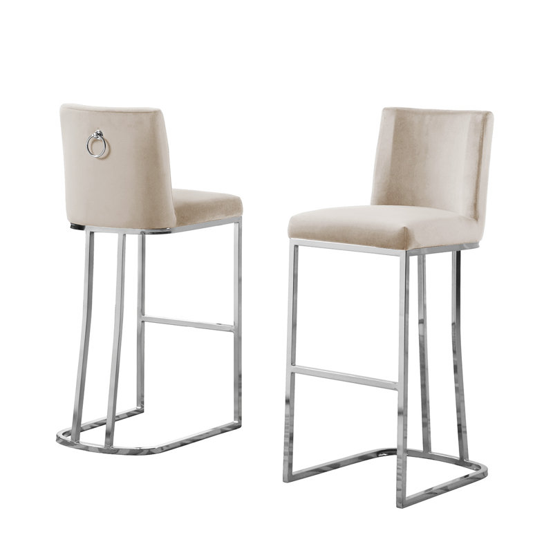 Tabouret de bar et de comptoir en velours Aurrin, Argent, Crème, Tabouret de bar (siège d'une hauteur de 30 po)