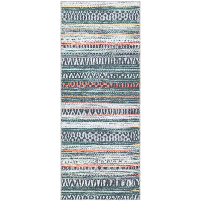 Tapis contemporain Abidur vert-ivoire, Tapis de couloir 2 pi 7 po x 10 pi