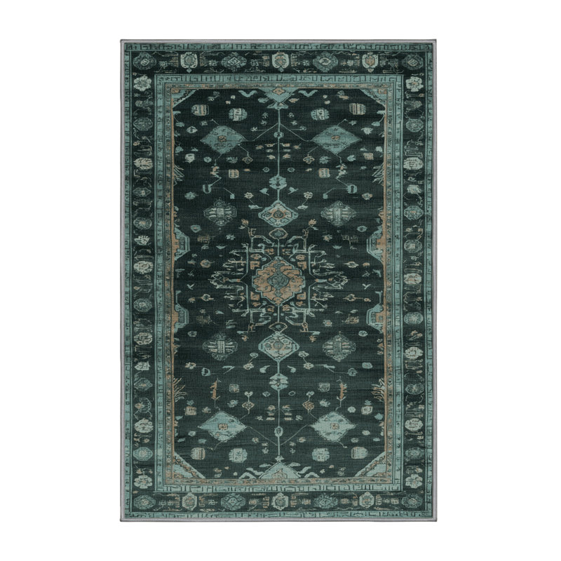 Machine Washable Overdyed Green Area Rug, Rectangle 6' x 9'