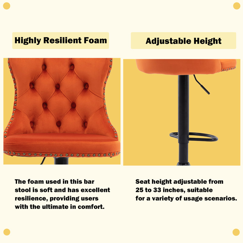 Modern Velvet Swivel Adjusatble Height Bar Stools Set of 2, Orange