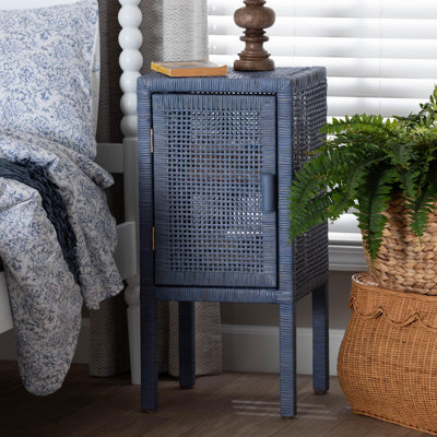 Table de chevet bali & pari en rotin naturel - Table d'appoint en osier tressé à la main avec étagères intérieures et base surélevée, bleu marine