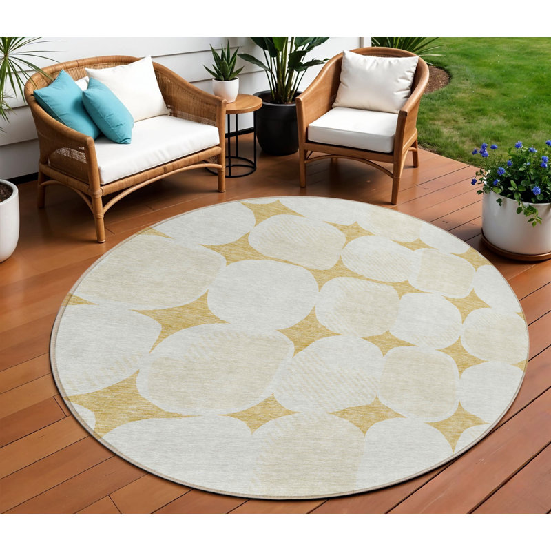 Tapis d'intérieur rond lavable abstrait doré et beige 8 pi