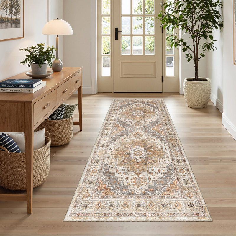 Malila Machine Washable Non-Slip Area Rug, Runner 2' x 6', Orange/Gray