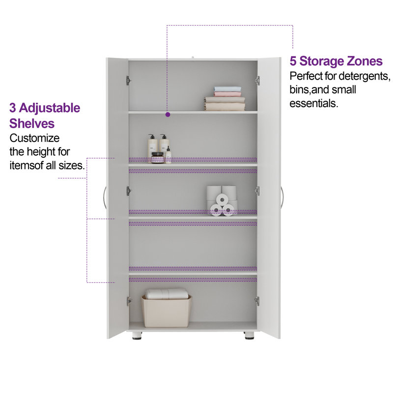 75" Extra Tall  Wood Storage Cabinet with 2 Plain Doors, SGS-Certified Anti-Tip and Adjustable Shelves, White