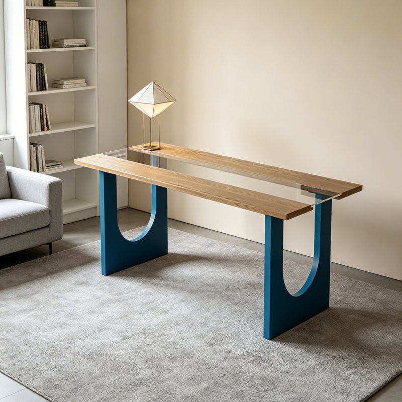 Bureau en verre trempé Creative Design, H 29,52 po x l 55,11 po x P 27,55 po, Clear/Blue