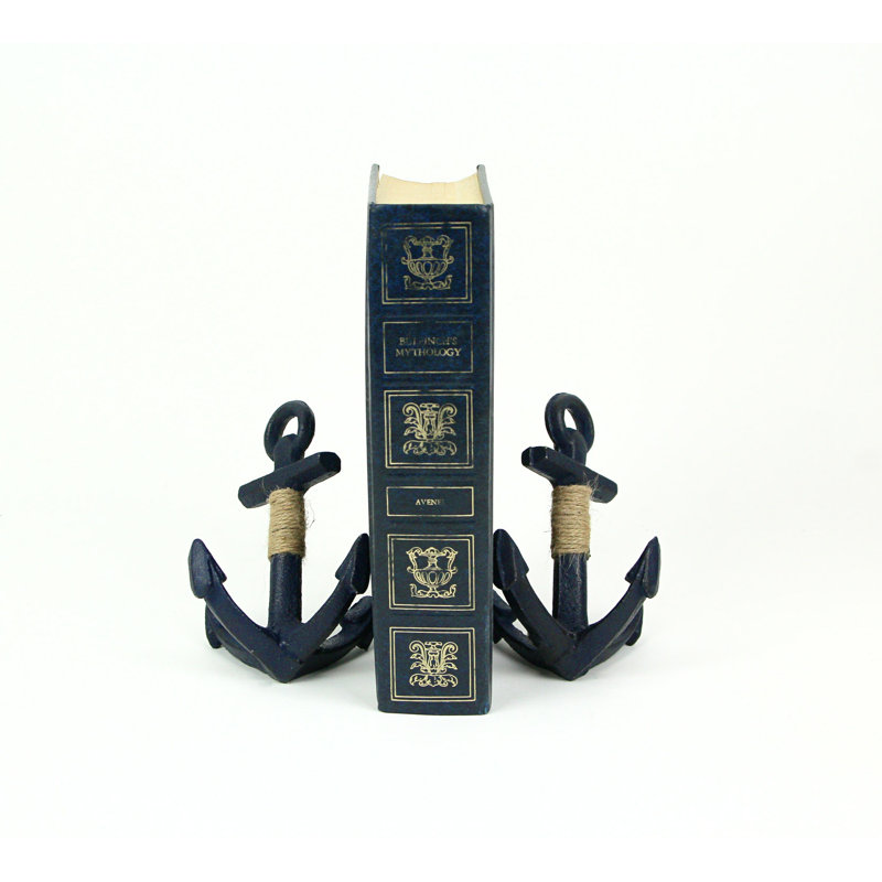 Nautical blue enamel cast iron anchor bookends with twine accents, set of 2 — 4.25" L x 3.25" W x 4.75" H