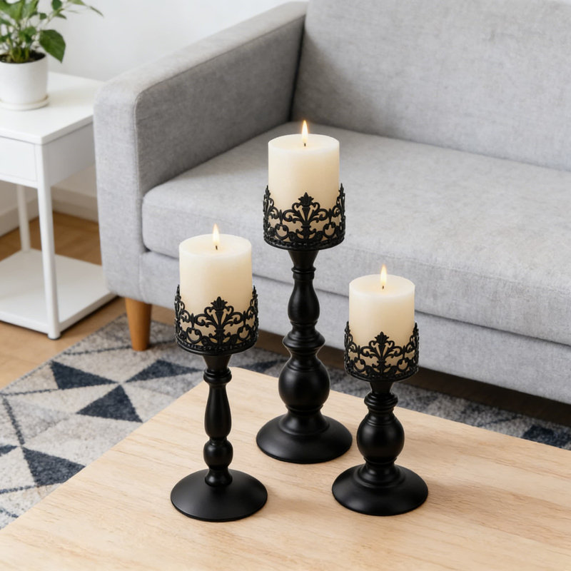 Metal Candle Holders Set Of 3, Vintage Gothic Pillar Candle Stands For Table Centerpiece, Fireplace Mantel, And Home Decor