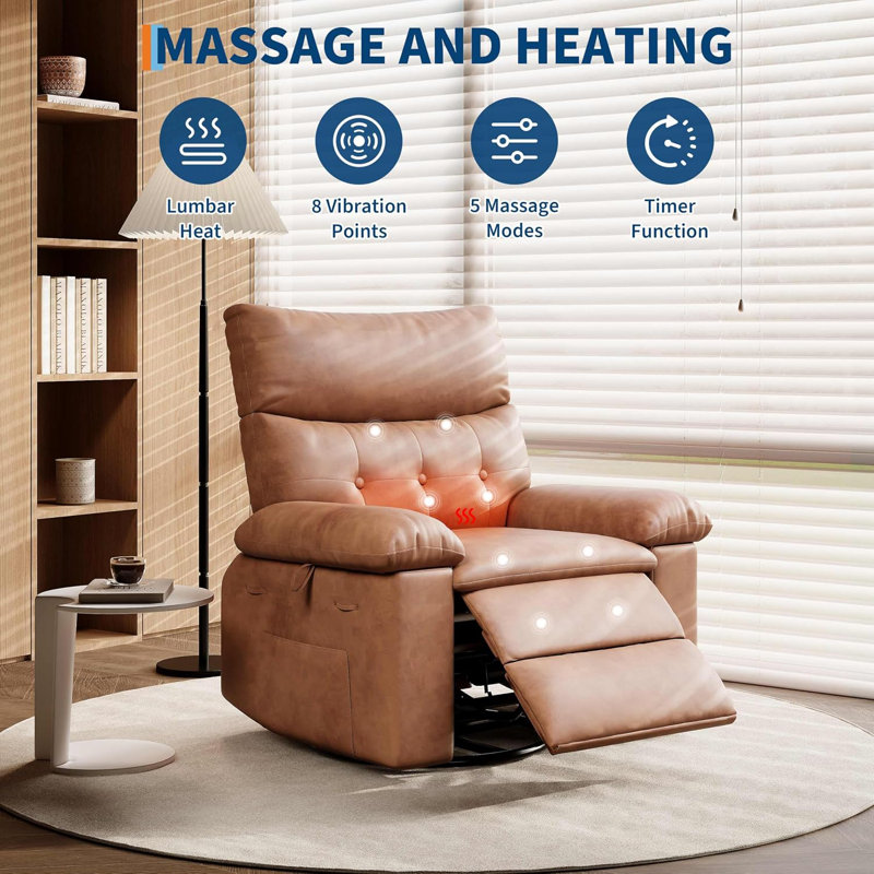 Fauteuil inclinable pivotant en cuir avec fonction chauffante et massante, Brun