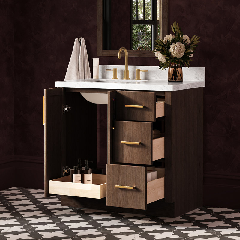 Meuble-lavabo rectangulaire simple décalé à gauche de 94 cm (37 po) avec comptoir en marbre blanc de Carrare de 3,8 cm (1,5 po) d'épaisseur et finition chêne brun