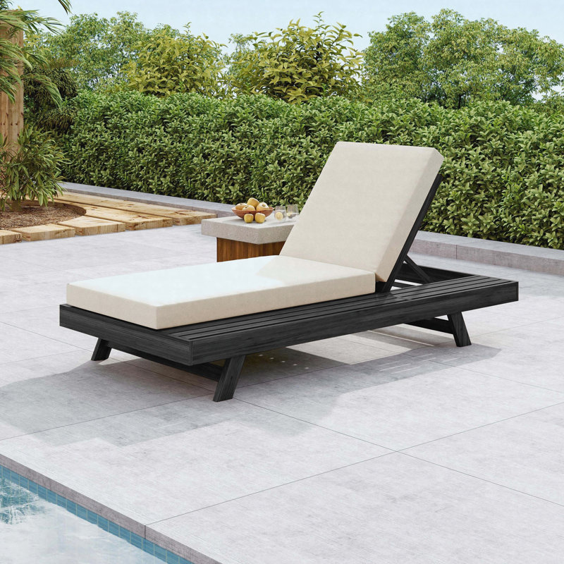 Ensemble de méridienne de détente avec surface latérale peu encombrante, fauteuil inclinable d'extérieur en bois d'acacia noir avec coussin épais de 4 pouces pour le jardin de la piscine