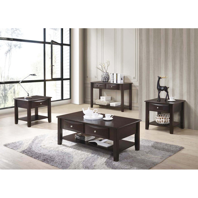 Ensemble de tables d'appoint 4 pièces au fini espresso avec table basse et console 2X Tables de bout avec tiroirs classiques en bois