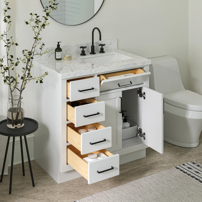 Meuble-lavabo simple en bois massif 36 po Tidworth avec plateau en marbre de Carrare 1,5 po, Oui, Forme rectangulaire, Blanc