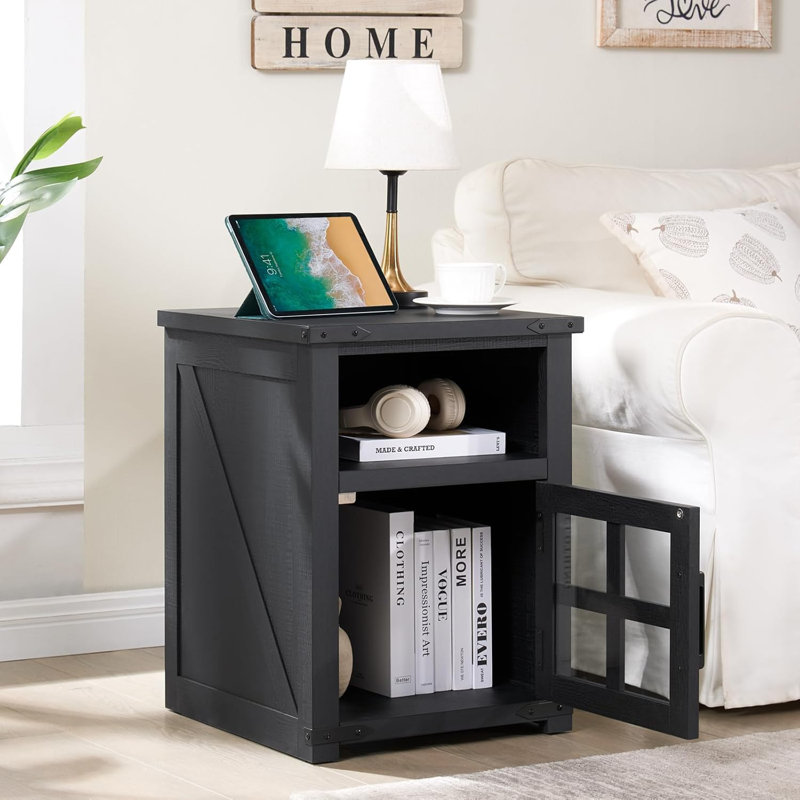 24''H Farmhouse End Table With Charging Station Rustic Nightstand, Black, Black