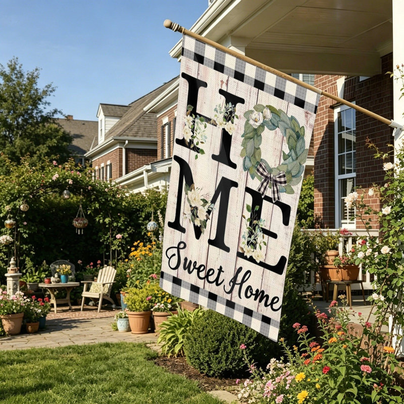 Drapeau à carreaux à motif floral Home Sweet Home, 35 pi x 24 po, noir