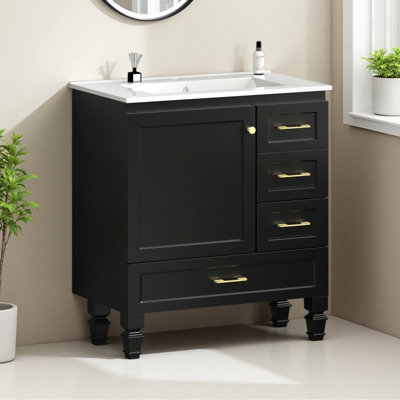 Meuble-lavabo 30 po. Armoire de rangement abondante - 1 porte à fermeture douce et 3 tiroirs