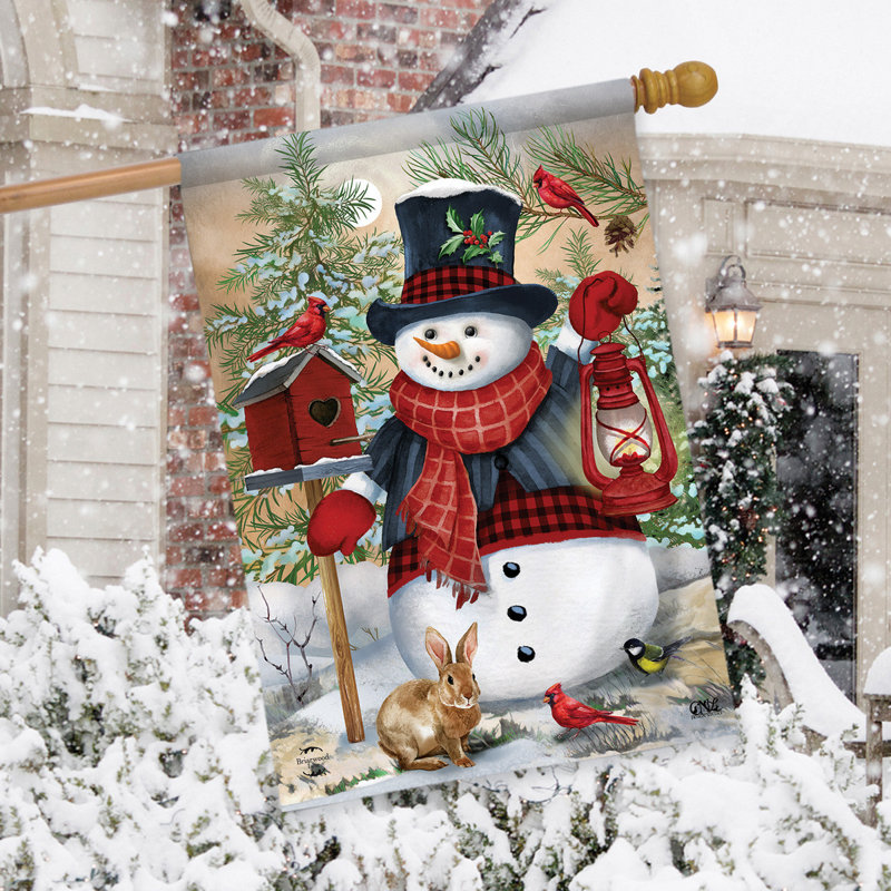 Drapeau bonhomme de neige et maison d'amis, Noël rouge/noir/blanc