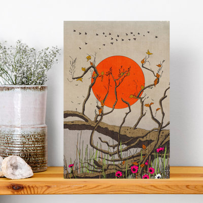 Contemporary Art Organic Peaceful Retro Bird Autumn Landscape Wall Art - Wrapped Canvas Print