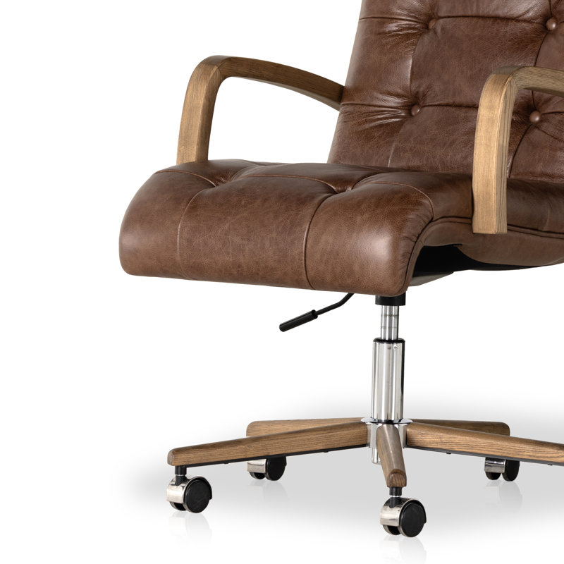 Cocoa Genuine Leather Swivel Task Chair with Wood Frame