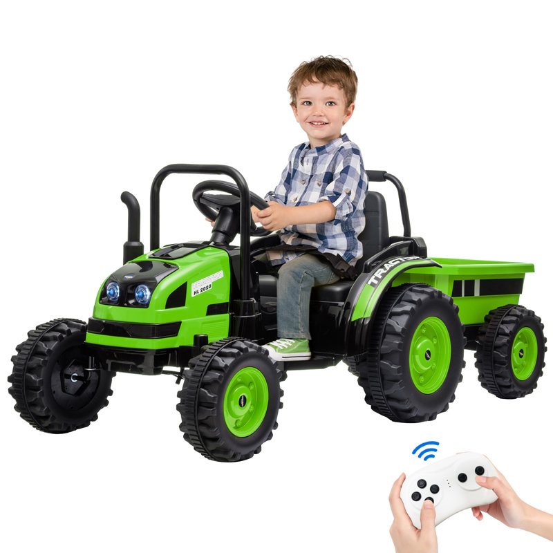 Tracteur 12 V pour enfants avec remorque, deux moteurs, télécommande, musique et lumières DEL, Vert