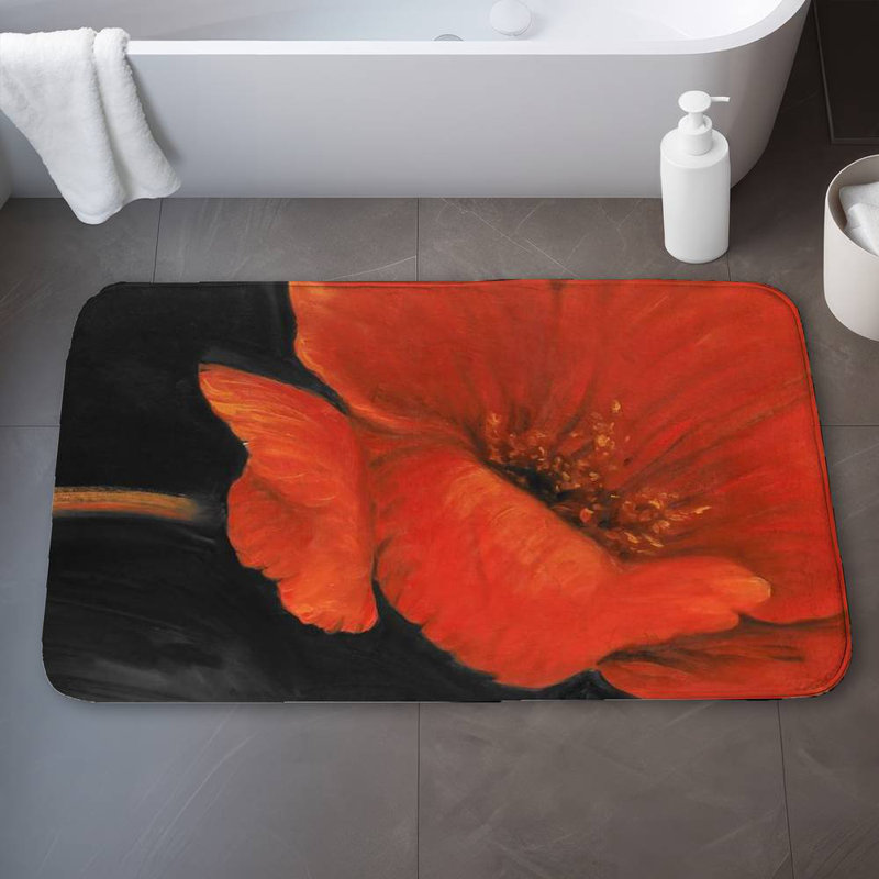 Red flower Bath Mat with Non-Slip Backing - Quick Dry Memory Foam Bathroom Rug - Absorbent - Modern Plush Spa-Style - Machine Washable