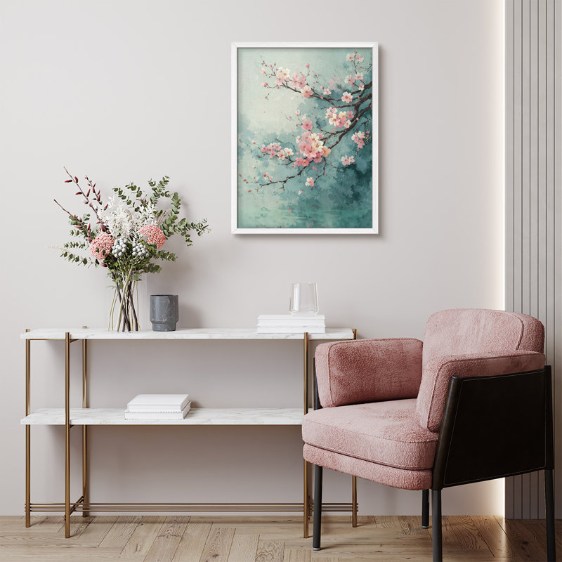 Soft Cherry Blossom Framed Wall Art Prints - Pink flowers on blue background, for bedroom, H 10 po x l 8 po, Blanc