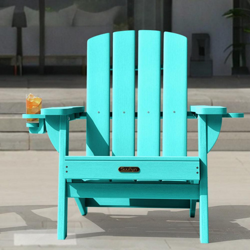 HDPE Folding Adirondack Chair With Cup Holder, Lake Blue