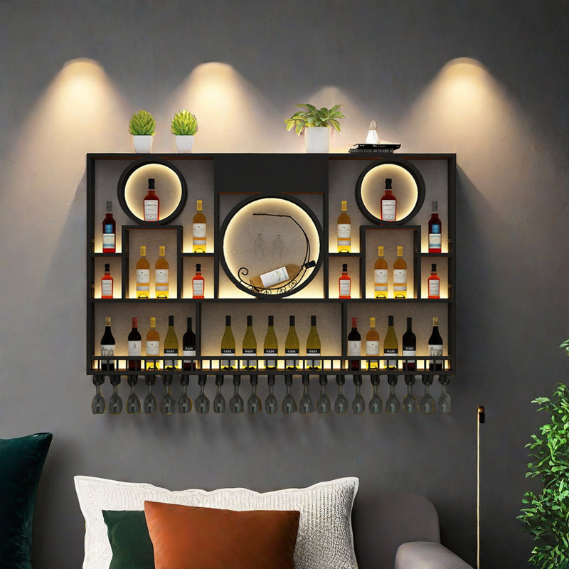 Support à vin mural Circle, H 47,2 po x l 62,9 po x P 7,8 po, Noir, noir, noir, noir