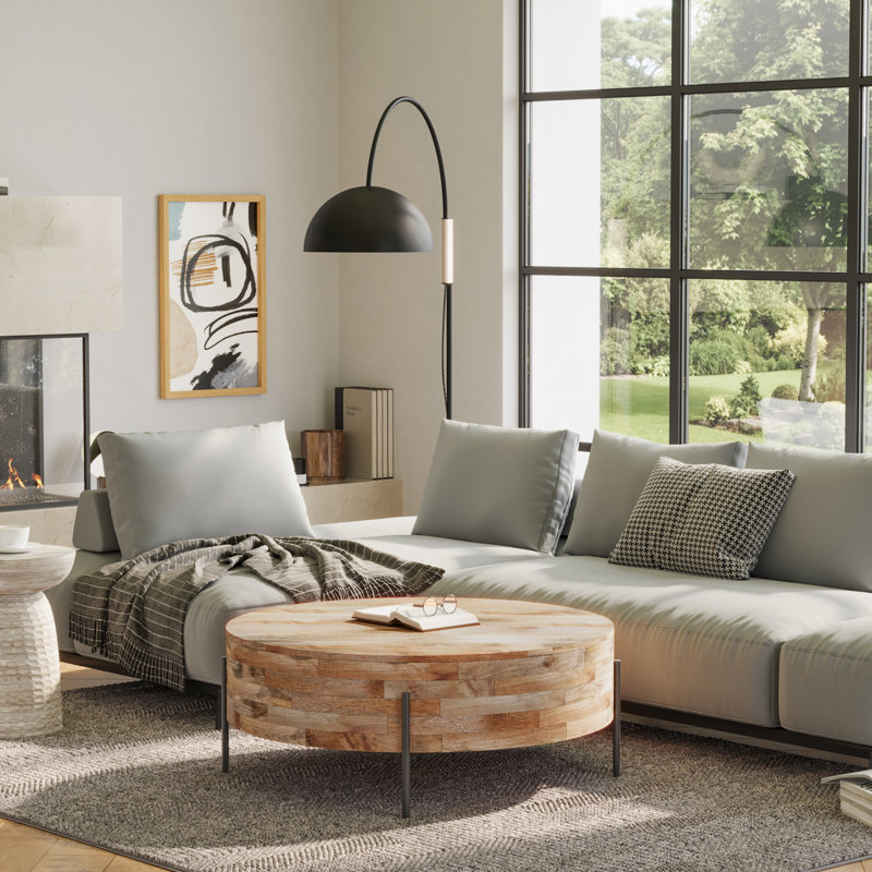 Natural Mango Wood and Black Metal Round Drum Coffee Table