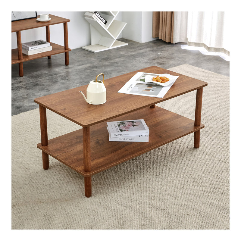 Table basse moderne à 2 niveaux pour meubles de salon, table centrale rectangulaire avec tablette de rangement ouverte, pieds arrondis en bois d'hévéa, stable et durable, assemblage facile
