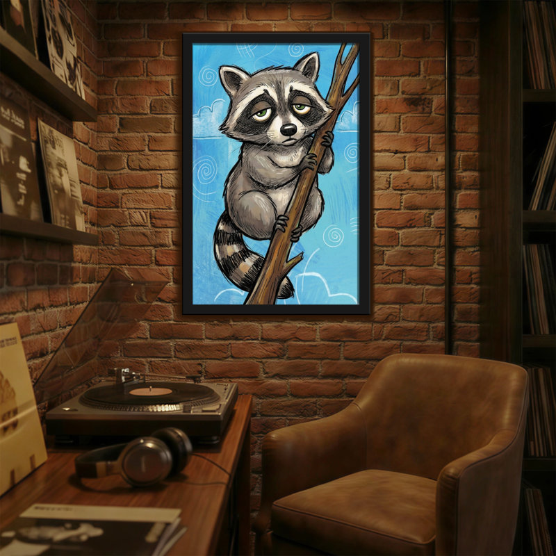 Reproduction d'art avec un raton laveur et une branche d'arbre, H 18 po x l 12 po