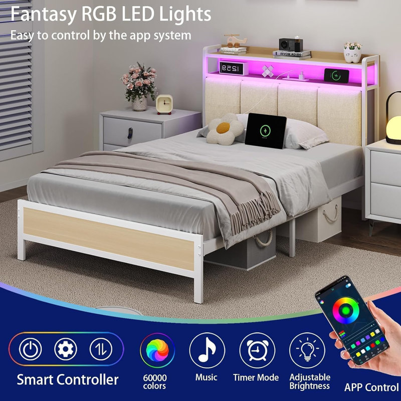 Bed Frame with Storage Headboard, Upholstered Platform Bed with Charging Station and LED Lights, Heavy Duty Metal Slats, Twin