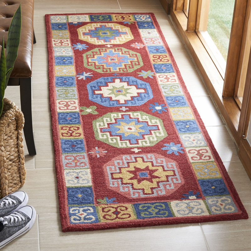 Vahakn Hand Tufted Wool/Cotton Southwestern Rug in Blue/Red, Runner 2'3" x 8'