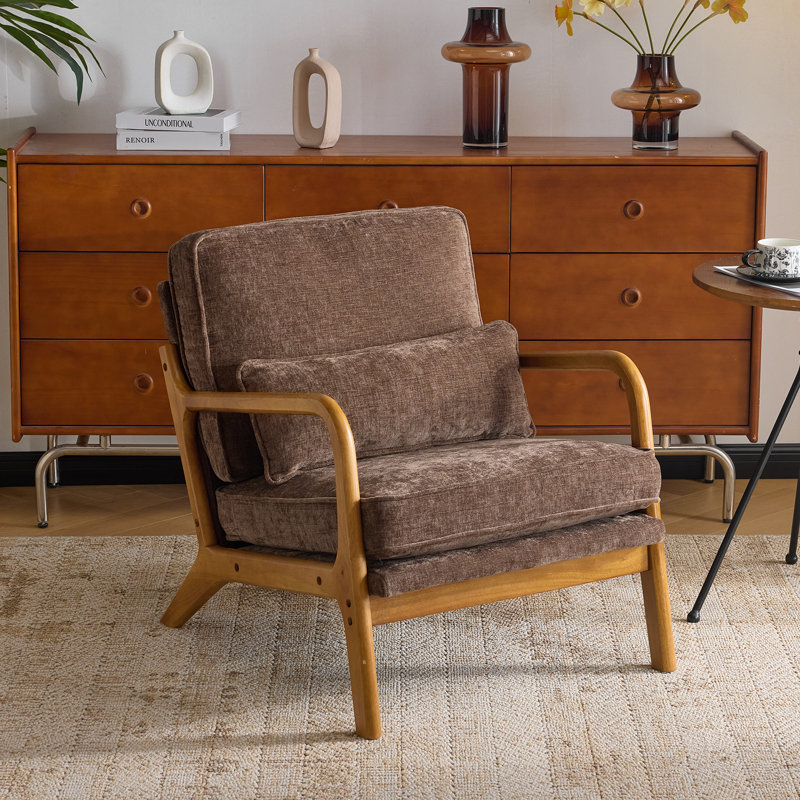 Mid Century Solid Wood Accent Chair Chenille Armchair, Brown