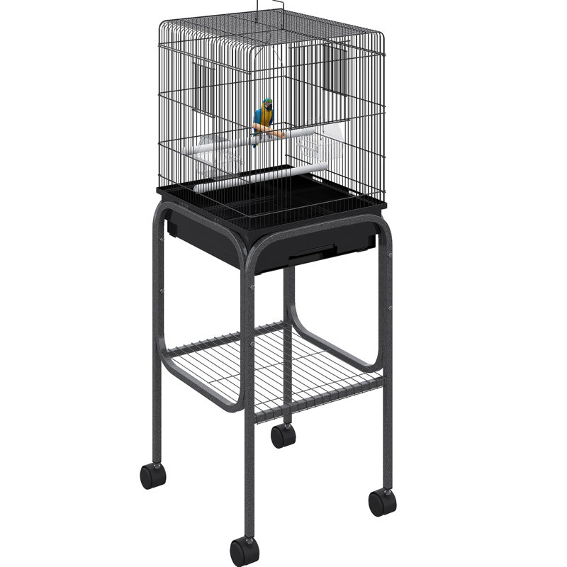 Cage à oiseaux en métal noir pour perroquets - Volière spacieuse avec support amovible, espace de rangement et perchoirs - Zone de plaisir alimentaire pour perroquets de 114 cm
