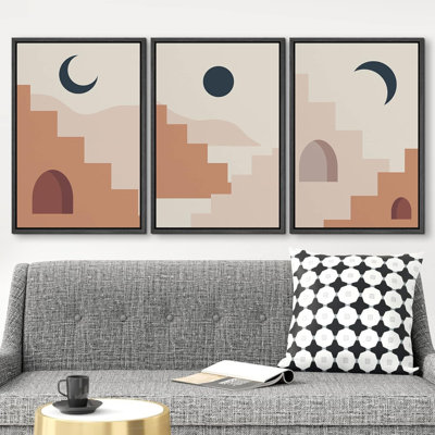 " Mid-Century Sun & Moon Architecture Abstract Nature Modern Art Decor Panorama Pictures " 3 - Pieces on Canvas