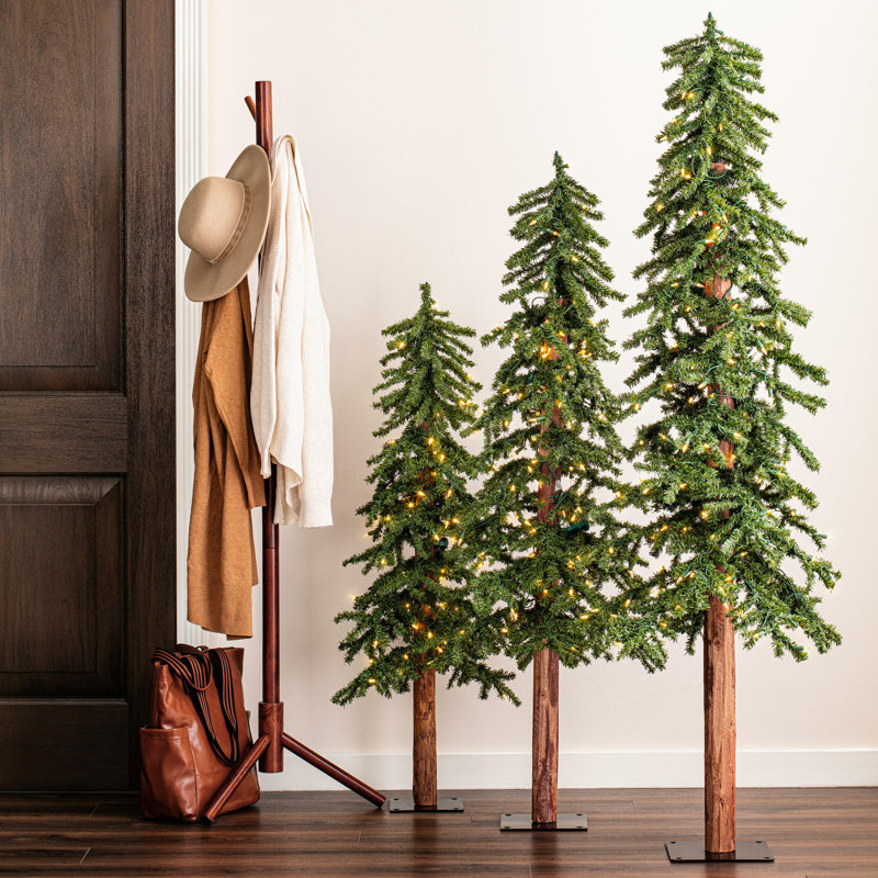 3 Piece Natural Bark Alpine Artificial Christmas Tree Set with 500 Warm White LED Lights